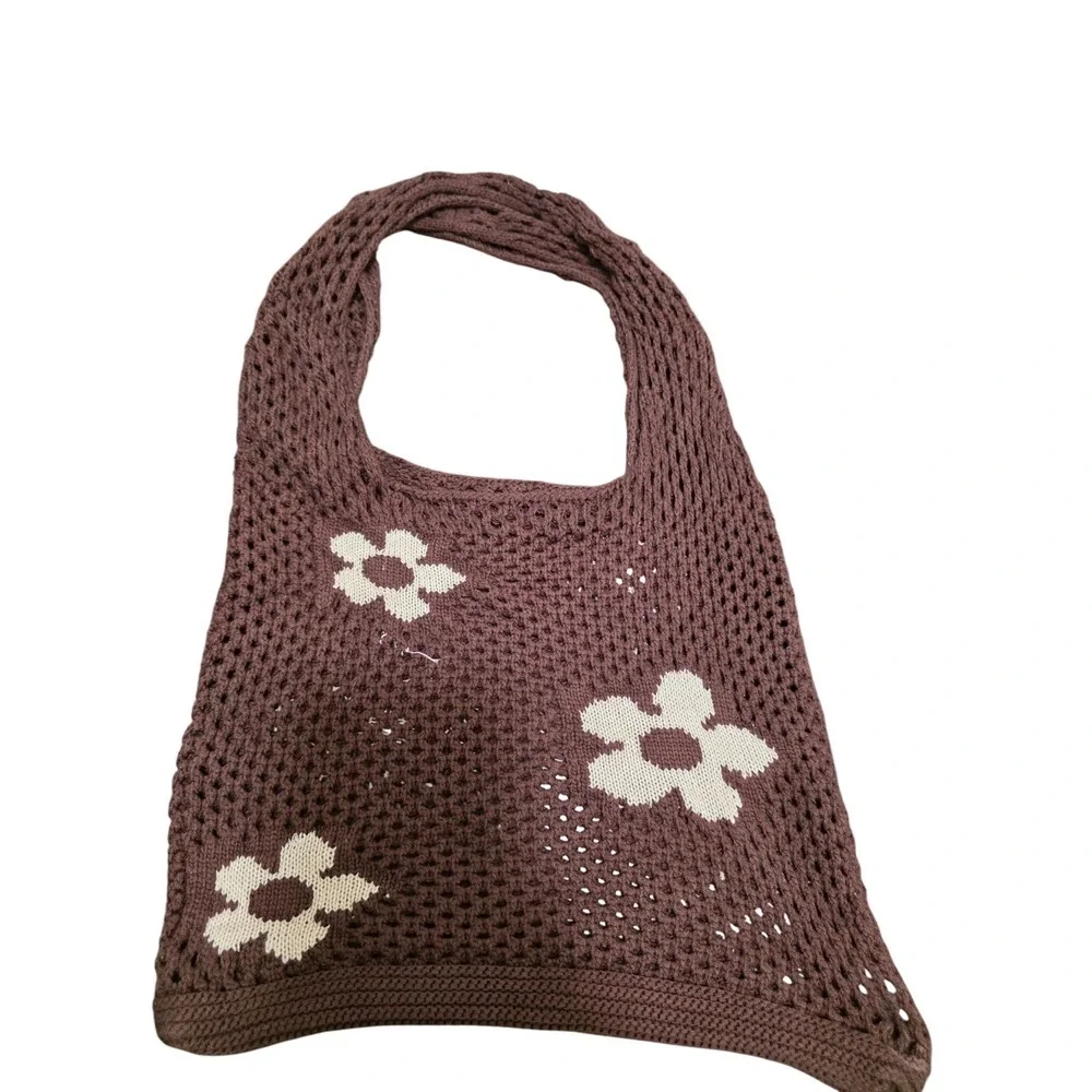 Urban Outfitters Crochet Brown Mesh Shoulder Bag Cream Floral Pattern Size M - Picture 1 of 9